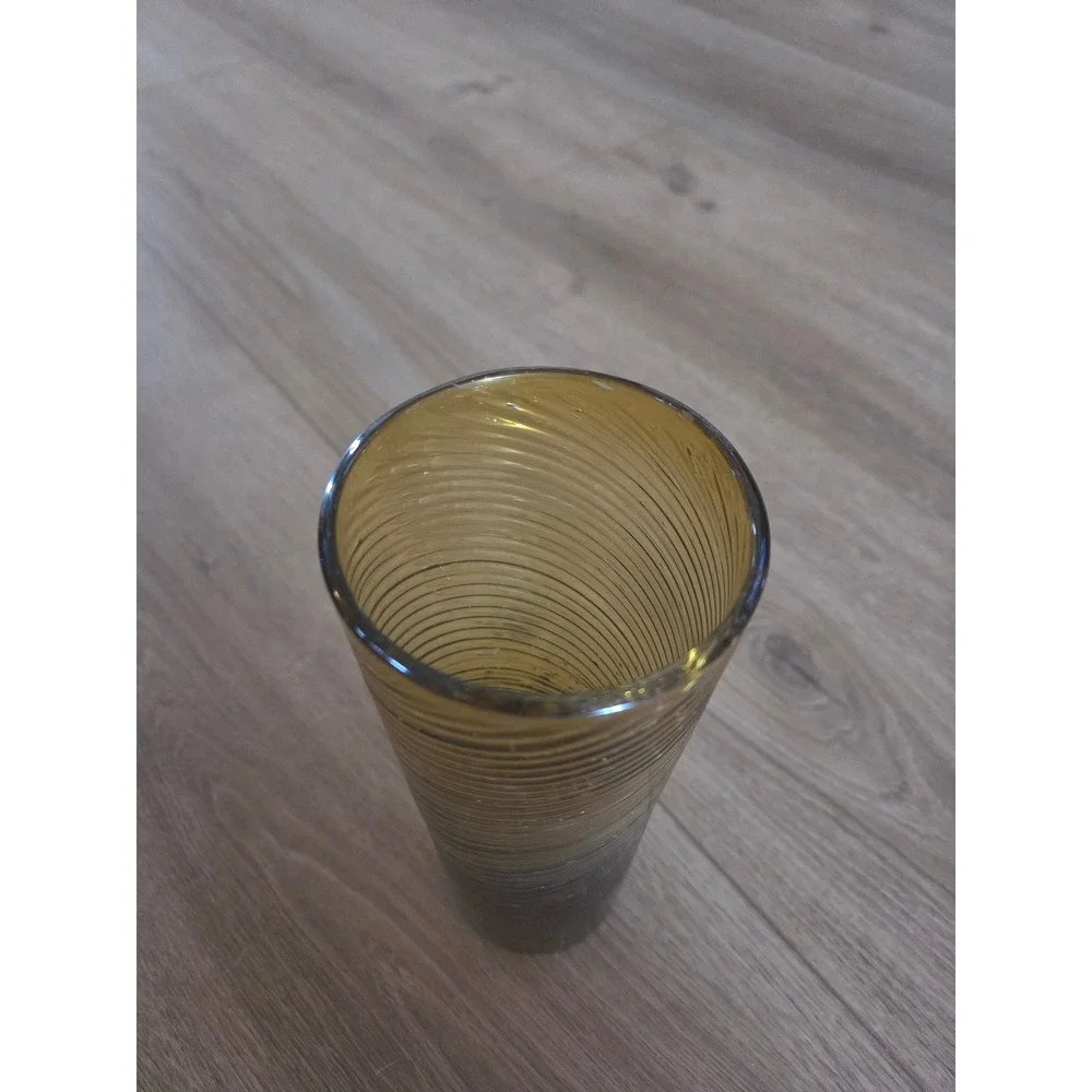 Amber Hand Blown Glass Spiral Optic Cylinder Vase Mid Century Modern Honey